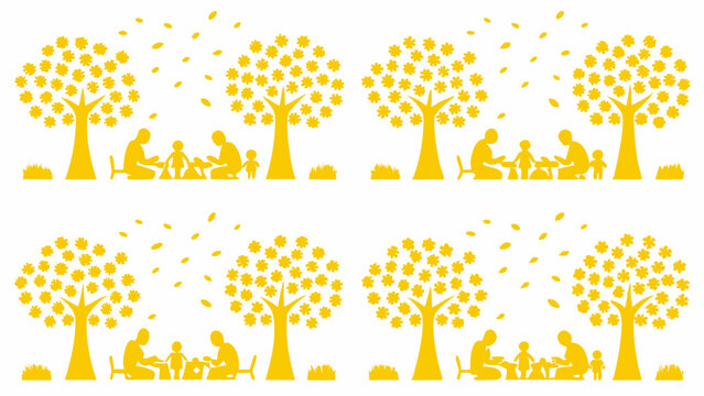 Four scenes of family gatherings under golden trees with falling leaves in a park setting illustration