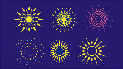Illustration of six sun like shapes with varying designs and colors on a dark blue background design