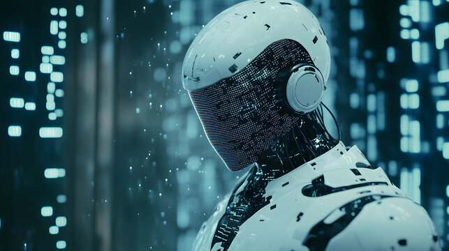 Futuristic humanoid robot with a digital interface and headphones, set against a backdrop of glowing data streams.