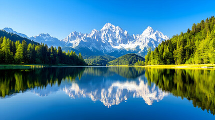 Fototapeta premium Scenic mountain reflections in a still lake, mirroring the sky and surrounding snow-capped peaks, forest, and clouds in a serene wilderness landscape