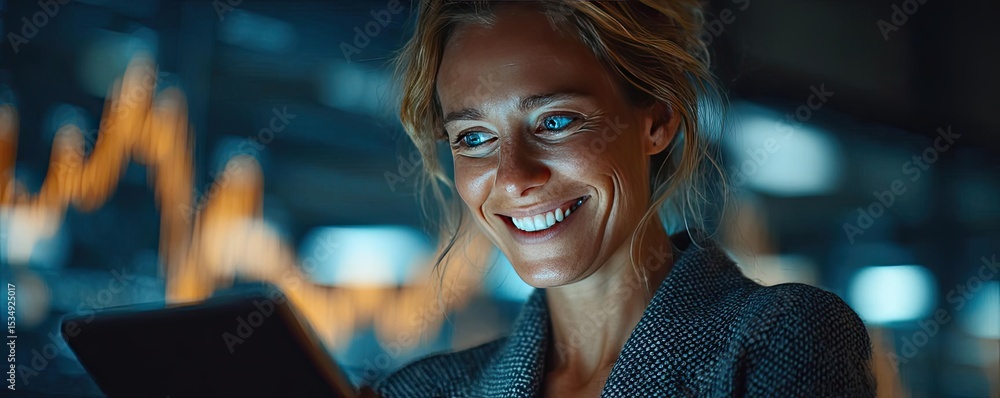 Poster market confidence level and consumer optimism concept. a woman smiles while using a tablet in a mode