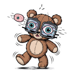 A startled teddy bear with television eyes, and a floating eyeball.