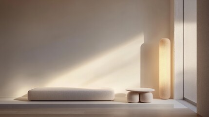 Beige colored, minimalist interior scene with a low bench, a round table, and a tall wooden lamp.