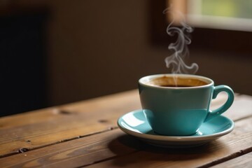 Fototapeta premium Steaming mug of coffee on rustic wooden table, texture, domestic, lifestyle