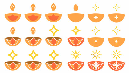 Arrangement of decorative diwali oil lamps and starbursts on a white background design art