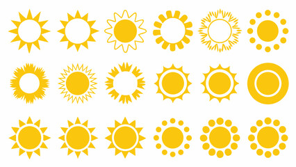 Illustration showing a variety of sun icons in different shapes and designs in a yellow color scheme