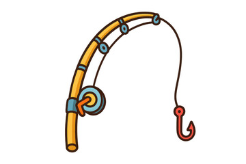 Cartoon fishing rod with reel, line, and hook isolated on transparent background, ideal for fishing or outdoor-related designs