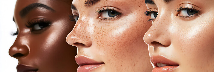 Diverse beauty shines: Three women showcase unique skin tones and radiant complexions, celebrating inclusivity and natural beauty with clean, fresh makeup looks.