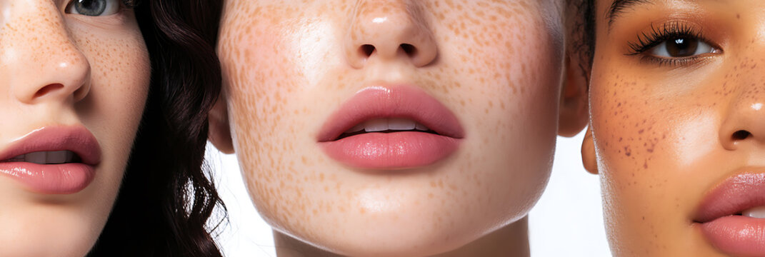 Diverse Beauty: A close-up showcases three women with different skin tones, emphasizing the beauty in diversity and natural features like freckles.