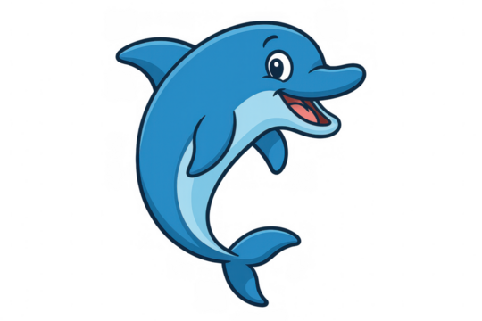 Playful marine mammal leaping with wide smile, cartoon-style graphic against transparent background