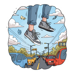 Cartoon illustration of giant legs and feet over a traffic jam on a street with cars and trees.