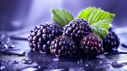 Close-up of fresh blackberries with water droplets on dark background.