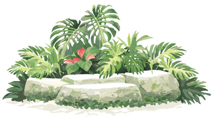 Obraz premium Aesthetic display of tropical plants and flowers arranged on a stone platform with a white background