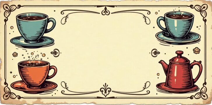 Vintage coffee shop loyalty card with hand-drawn coffee mugs and brewing equipment , coffee shop design, blank, coffee beans