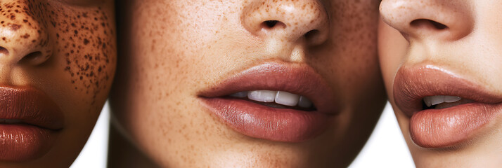 Close-up of three diverse women with different skin tones and freckles. Emphasizing natural beauty and inclusivity, showcasing textures.