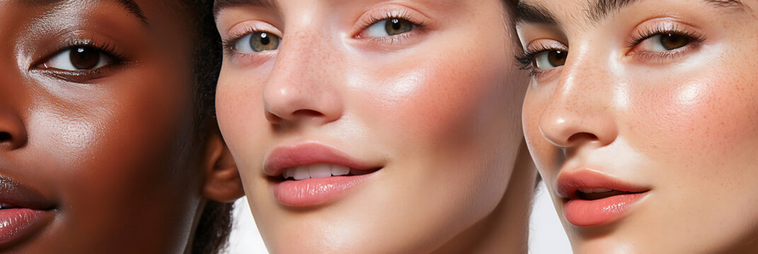 Close-up shot of three women with different skin tones displaying radiant, healthy-looking skin with a focus on natural beauty and diverse representation.