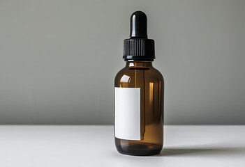 Amber glass dropper bottle with a blank white label on a minimalist grey background, ideal for cosmetic mockups.
