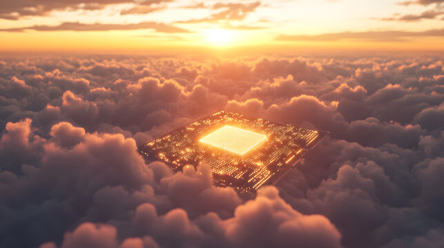 A glowing circuit board floats above a sea of clouds during a vibrant sunset.