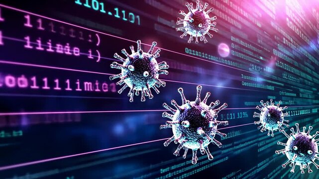 Digital Virus: An artistic rendering of virus particle on a digital code background.
