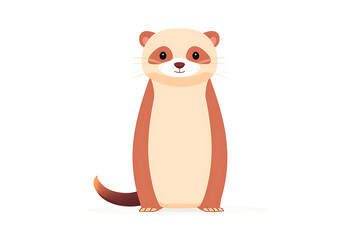 Obraz premium Cute cartoon ferret standing on a white background with brown and beige fur. Its tail is behind its feet and the ferret is facing forward with whiskers.