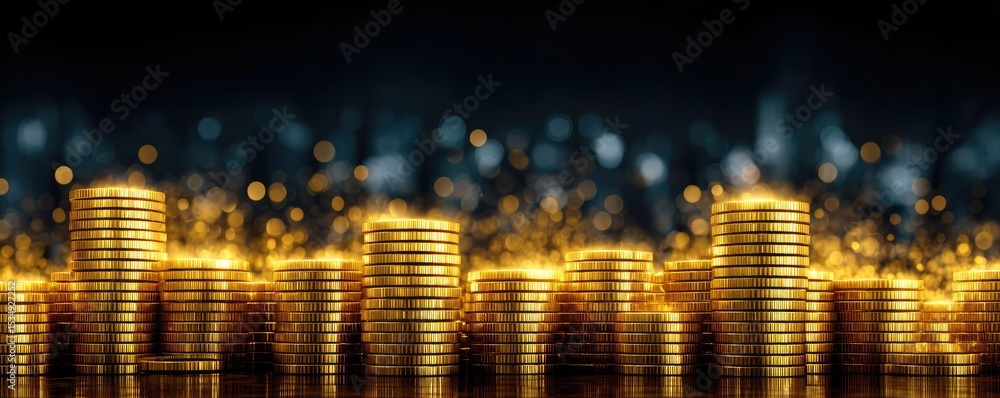 Poster confidence in returns with market risk perception concept. shiny gold coins stacked against a dark b
