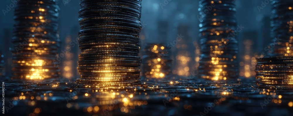 Aufkleber confidence in returns with market risk perception concept. a close-up view of glowing coins and stac