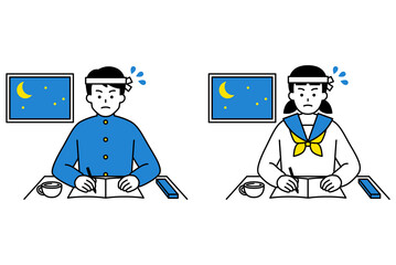 徹夜で勉強に励む男女の学生　セット