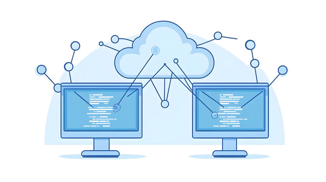 Two computer monitors connected to a cloud, illustrating cloud computing and data sharing. - Powered by Adobe