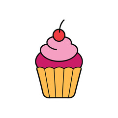 Pink vector illustration of a sweet birthday cupcake with cream and cherry