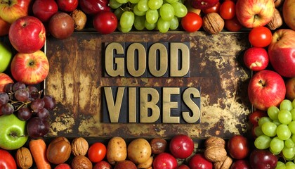 Colorful fruit and vegetables surrounding the words "Good Vibes