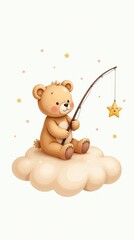 Pastel watercolor illustration of a small teddy bear sitting quietly on a fluffy pale beige cloud, holding a thin fishing rod with a soft golden star hanging from the line