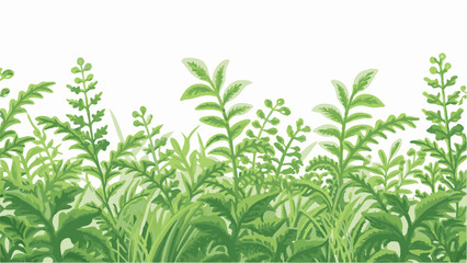 Obraz premium Illustration of various green plants and grass in a field with a white background landscape view