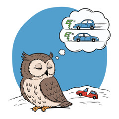 A wise owl dreams of fast cars while a small red car sits nearby in the snow.