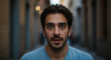 Astonished Man in City Alleyway