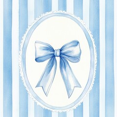 A watercolor painting of a light blue bow in an oval frame with lace, set against blue and white stripes
