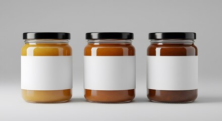 Three Glass Jars Mockup with Blank White Labels on Neutral Background