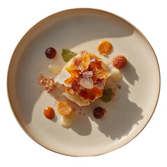 Elegant dessert with citrus segments flower petals and fruit purée