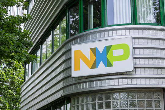 The NXP Semiconductors logo on a corporate building facade, representing a leader in global technology and secure connected solutions. Delft, Netherlands, 31 May 2025.
