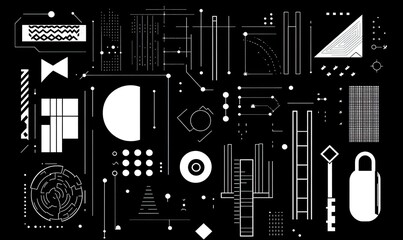 Abstract monochrome artwork featuring geometric shapes, lines, and symbols on a dark background