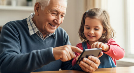 Grandfather helping granddaughter open present in living room