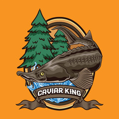 Sturgeon fish badge cartoon illustration with forest background, perfect for fishing clubs, outdoor adventure, wildlife, and nature-themed	