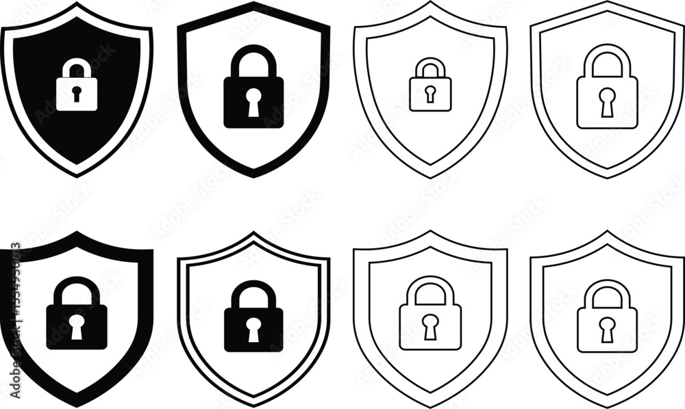 Poster collection of secure shield icons representing protection privacy and digital security concepts