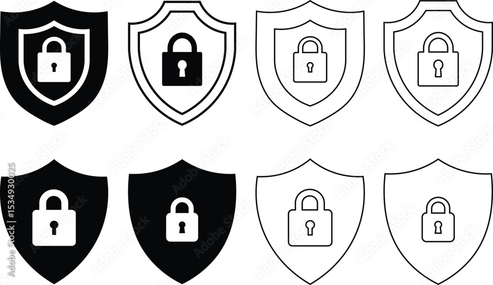 Poster collection of security shield icons featuring locks representing protection and data privacy