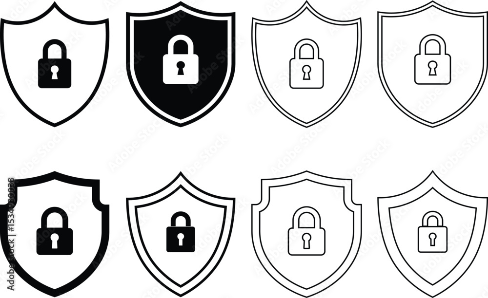 Poster collection of shield and padlock icons representing security and protection in minimalist black and 