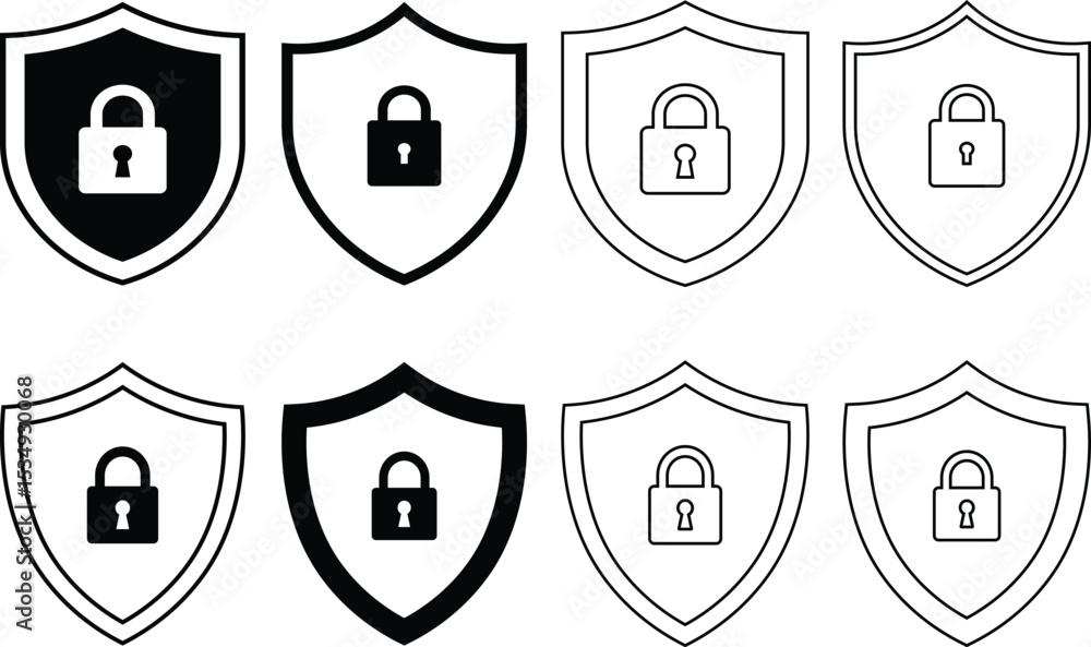Poster collection of shield icons featuring padlocks representing security protection and data privacy