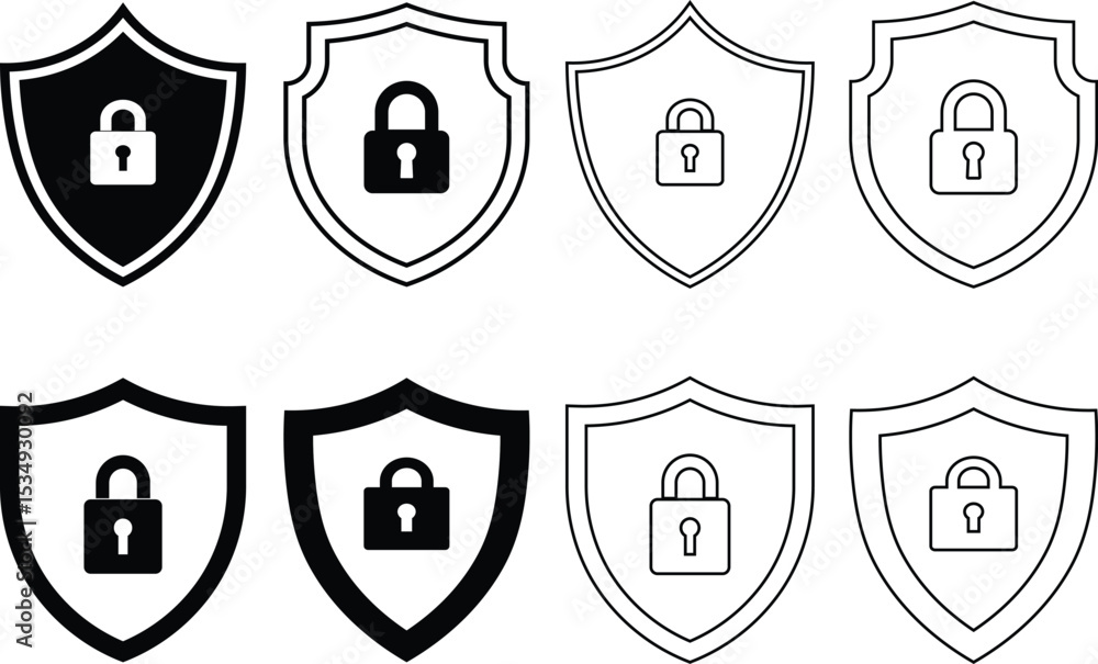 Poster collection of shield icons with padlock symbolizing security and data protection concepts
