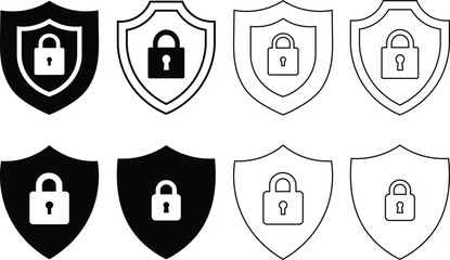 Collection of security shield icons featuring locks representing protection and data privacy