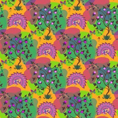 Fabulous spring blooming fruit trees with multi-colored crown, peacocks with a beautiful tail, bright tropical butterflies on an orange background, seamless pattern in vector. Print for fabric.