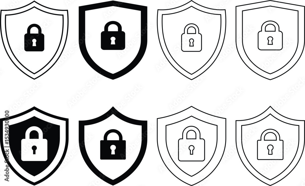 Poster security icons featuring shields and padlocks in various styles for protection and privacy concepts