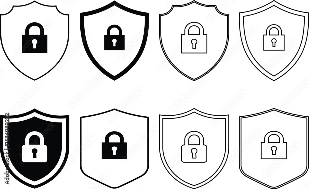 Aufkleber shields with padlocks representing digital security privacy protection and data safety concepts